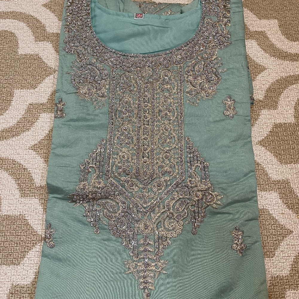 Eid Partywear Aqua Blue Salwar Kameez Designer heavy 3 piece Size 42